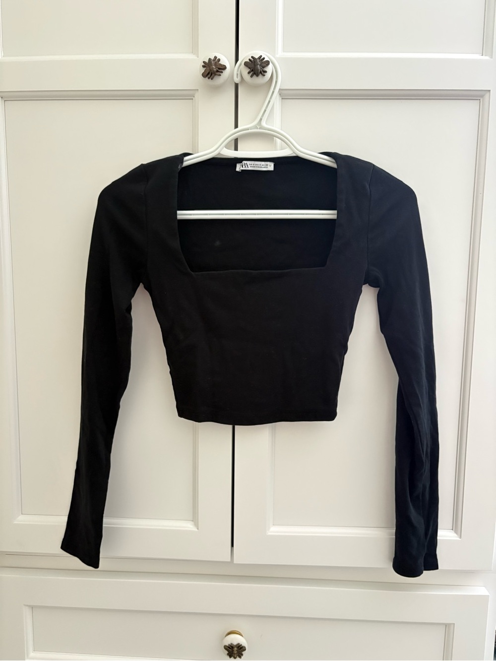 Zara Black Square-Neck Long Sleeve Crop Top